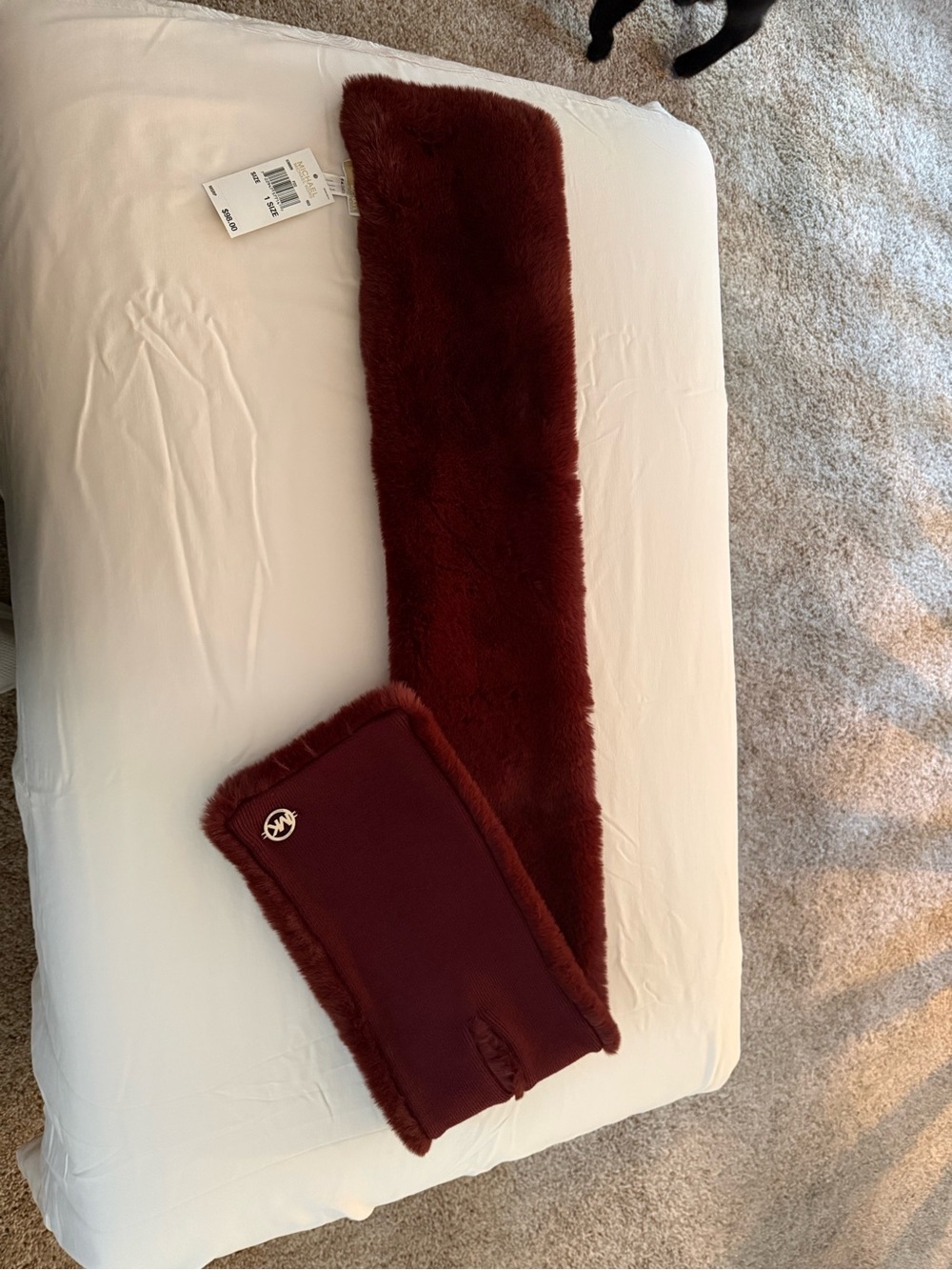 Michael Kors Burgundy Faux-Fur Scarf AND Hat Winter Set Burgundy
